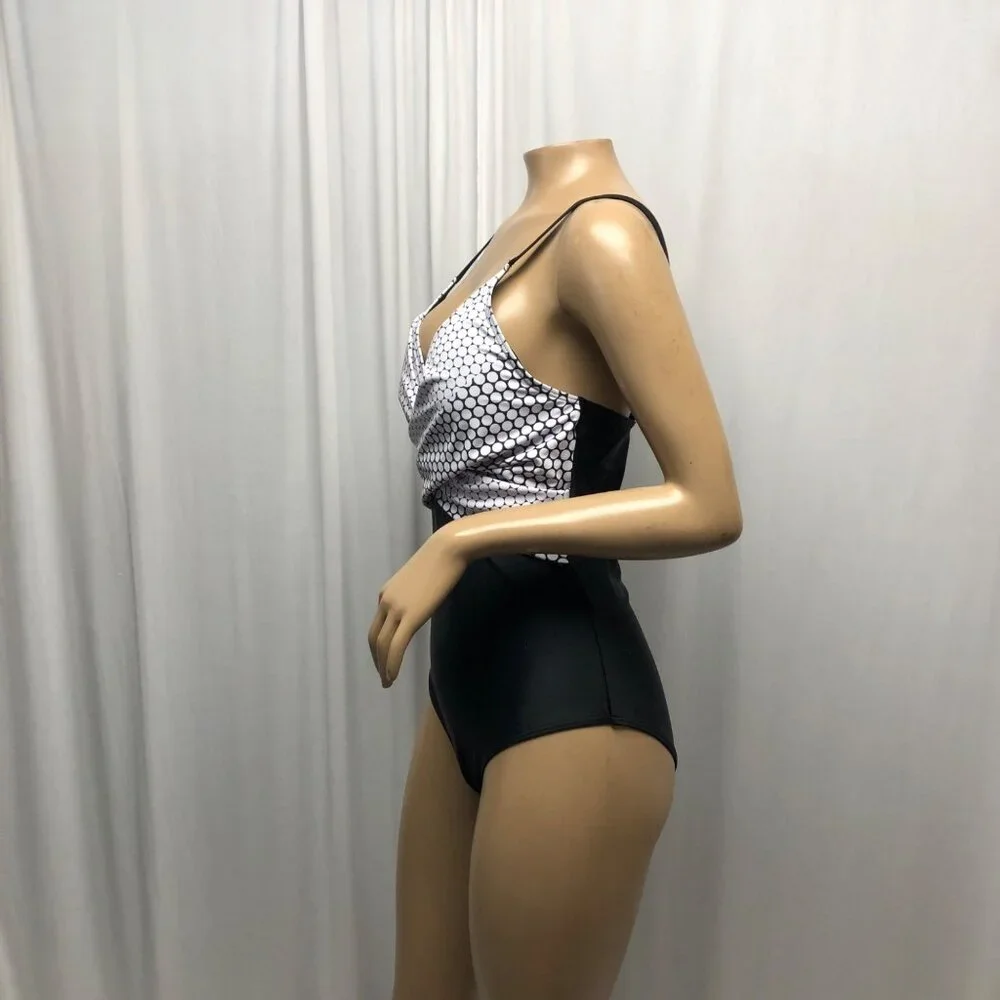 B2Prity Black White Polka Dot Wrap One-Piece Swimsuit Womens Size Large NEW